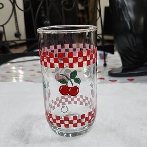 VINTAGE JUICE GLASS with CHERRIES and CHECKERS DESIGN